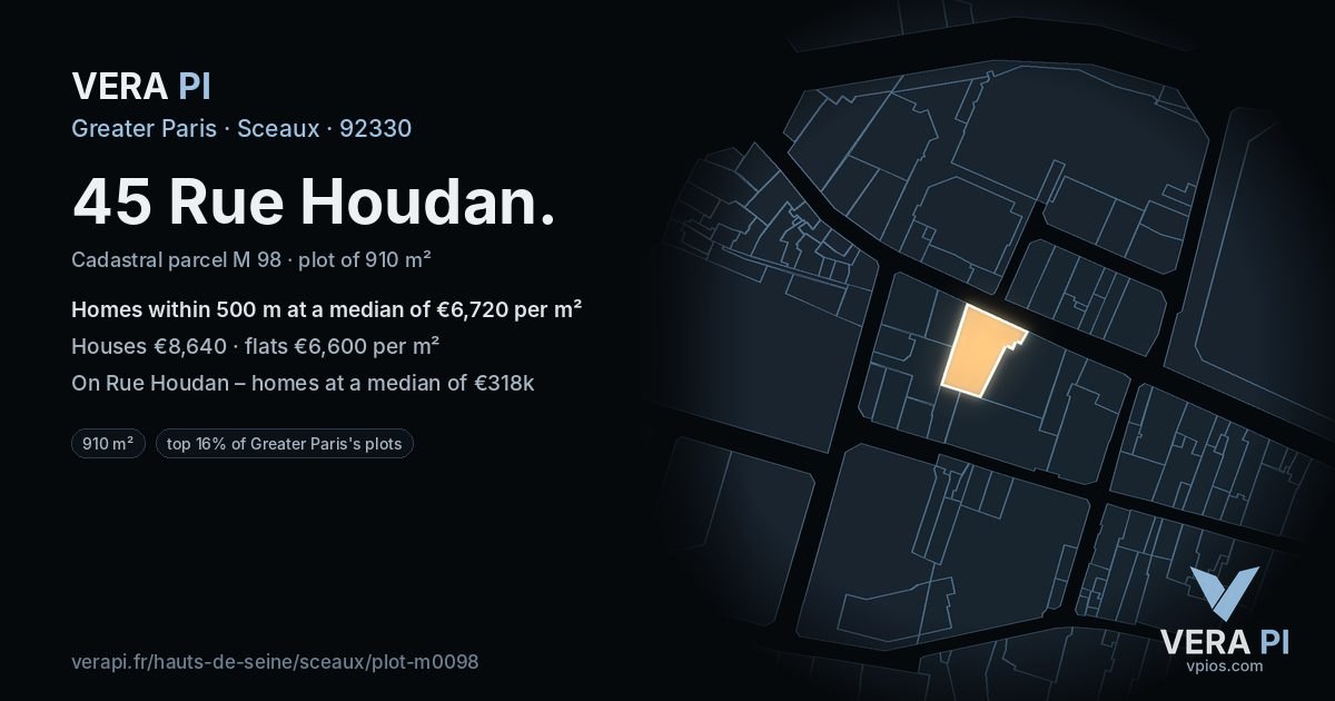 45 Rue Houdan, Sceaux at night – the plot lit, the parcels around coloured by the prices near them