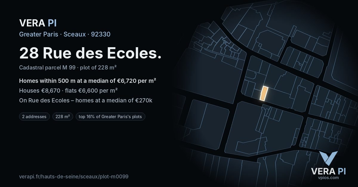 28 Rue des Ecoles, Sceaux at night – the plot lit, the parcels around coloured by the prices near them