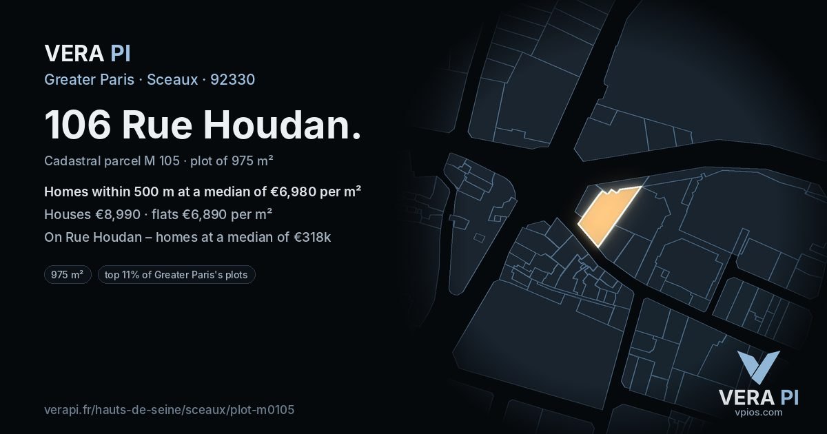 106 Rue Houdan, Sceaux at night – the plot lit, the parcels around coloured by the prices near them