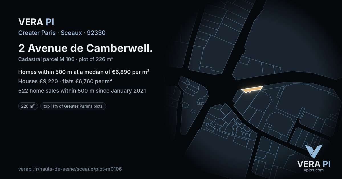 2 Avenue de Camberwell, Sceaux at night – the plot lit, the parcels around coloured by the prices near them