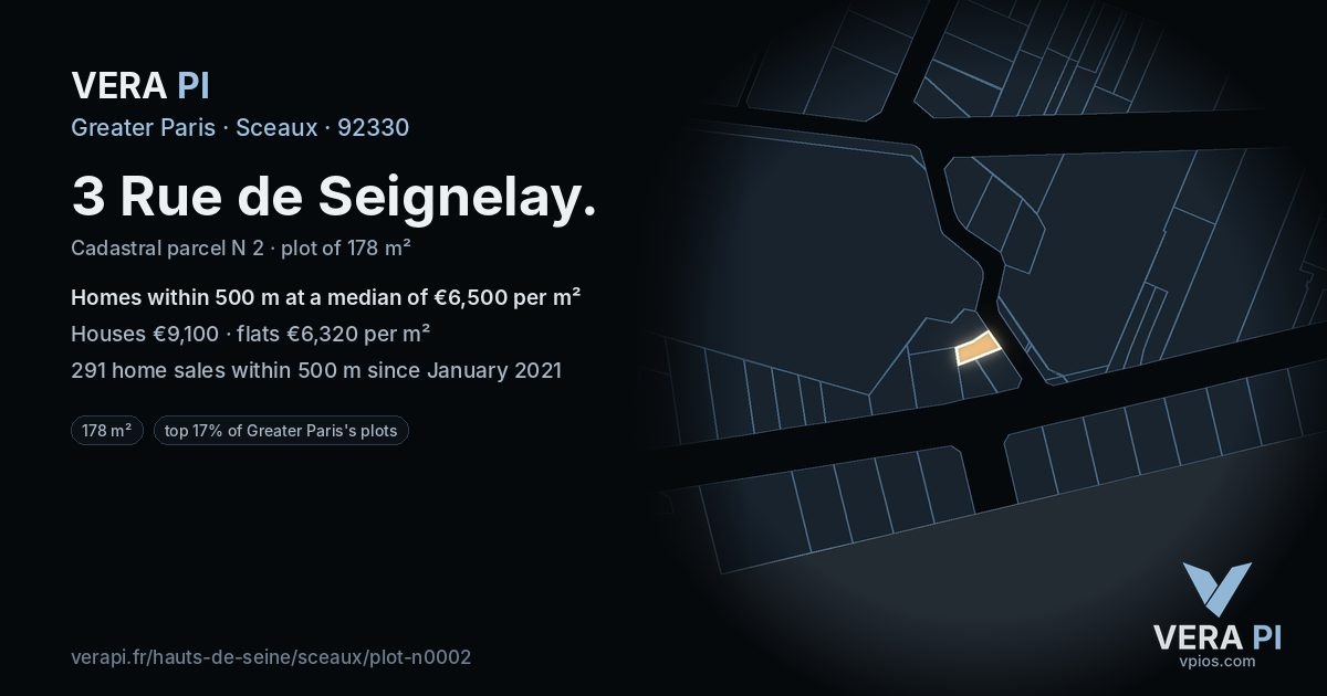 3 Rue de Seignelay, Sceaux at night – the plot lit, the parcels around coloured by the prices near them