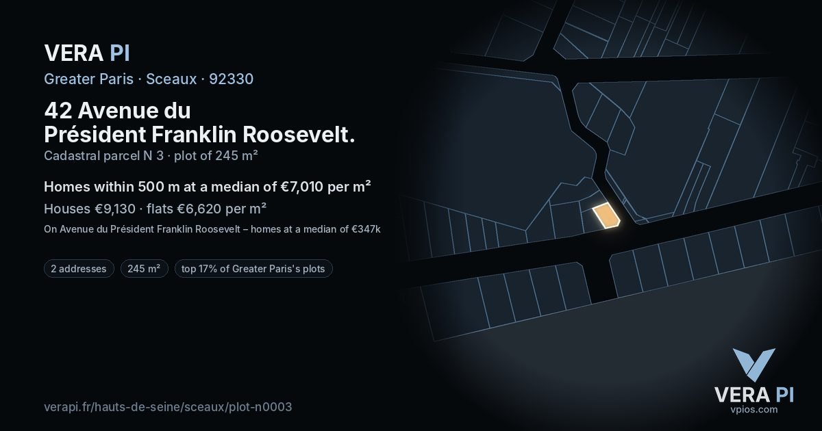 42 Avenue du Président Franklin Roosevelt, Sceaux at night – the plot lit, the parcels around coloured by the prices near them