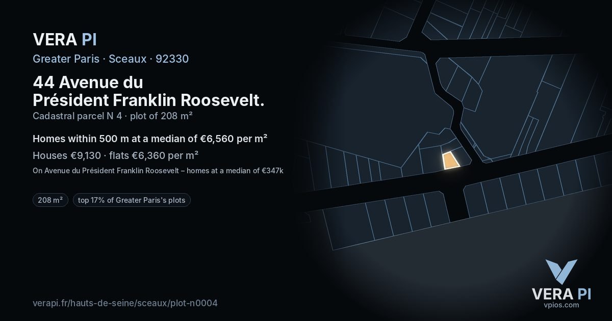 44 Avenue du Président Franklin Roosevelt, Sceaux at night – the plot lit, the parcels around coloured by the prices near them