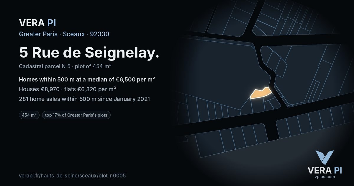5 Rue de Seignelay, Sceaux at night – the plot lit, the parcels around coloured by the prices near them