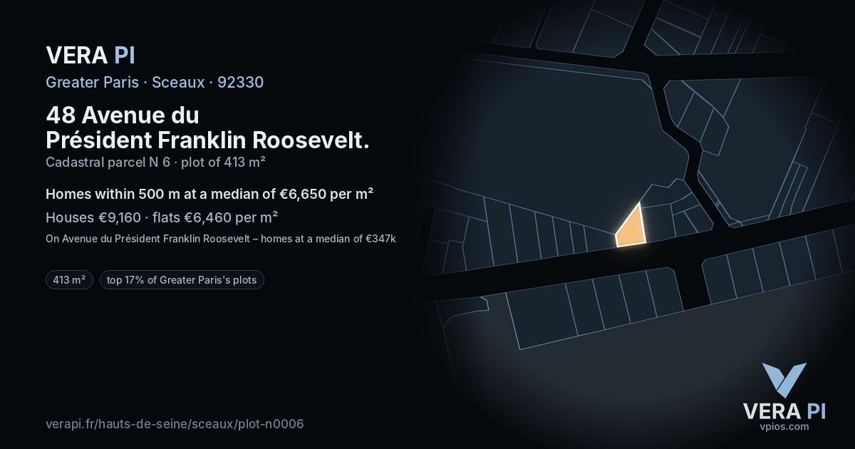 48 Avenue du Président Franklin Roosevelt, Sceaux at night – the plot lit, the parcels around coloured by the prices near them