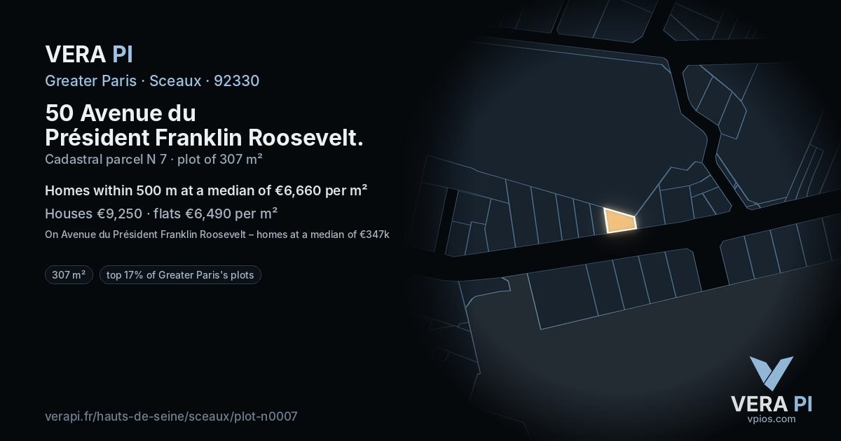 50 Avenue du Président Franklin Roosevelt, Sceaux at night – the plot lit, the parcels around coloured by the prices near them