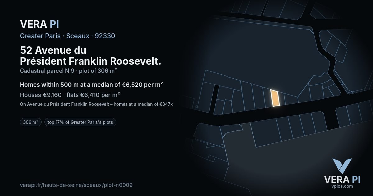52 Avenue du Président Franklin Roosevelt, Sceaux at night – the plot lit, the parcels around coloured by the prices near them