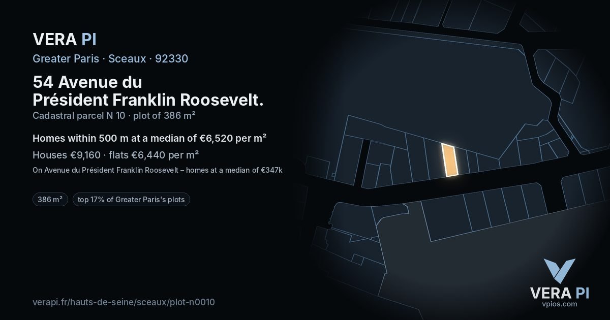 54 Avenue du Président Franklin Roosevelt, Sceaux at night – the plot lit, the parcels around coloured by the prices near them