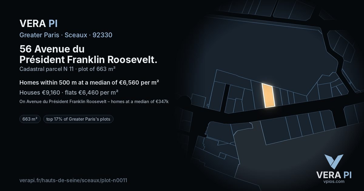 56 Avenue du Président Franklin Roosevelt, Sceaux at night – the plot lit, the parcels around coloured by the prices near them