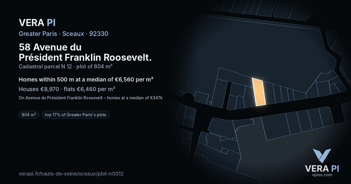 58 Avenue du Président Franklin Roosevelt, Sceaux at night – the plot lit, the parcels around coloured by the prices near them