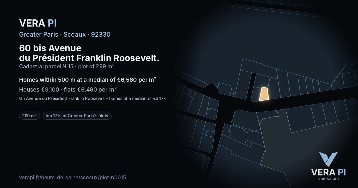 60 bis Avenue du Président Franklin Roosevelt, Sceaux at night – the plot lit, the parcels around coloured by the prices near them