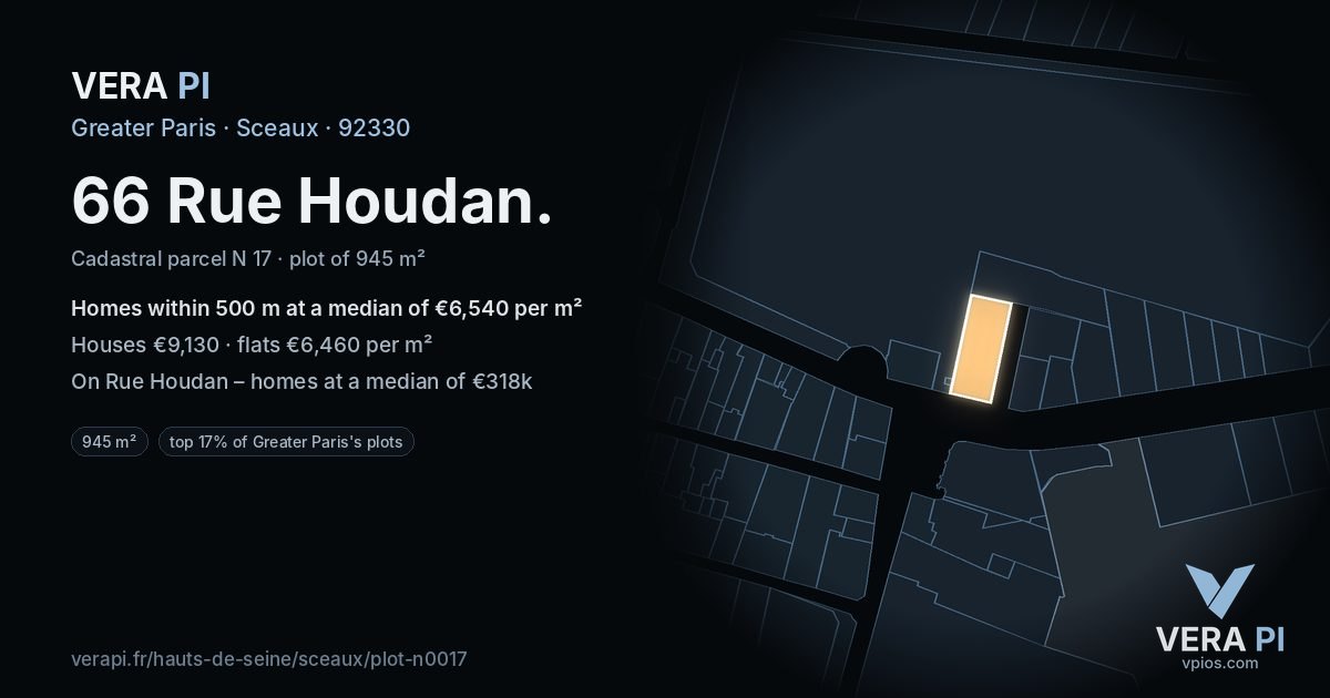 66 Rue Houdan, Sceaux at night – the plot lit, the parcels around coloured by the prices near them