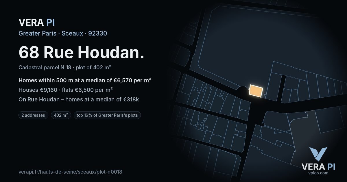68 Rue Houdan, Sceaux at night – the plot lit, the parcels around coloured by the prices near them