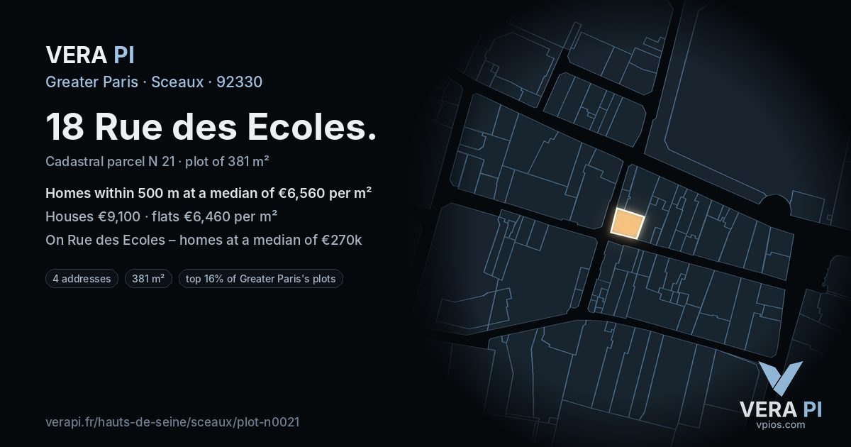 18 Rue des Ecoles, Sceaux at night – the plot lit, the parcels around coloured by the prices near them