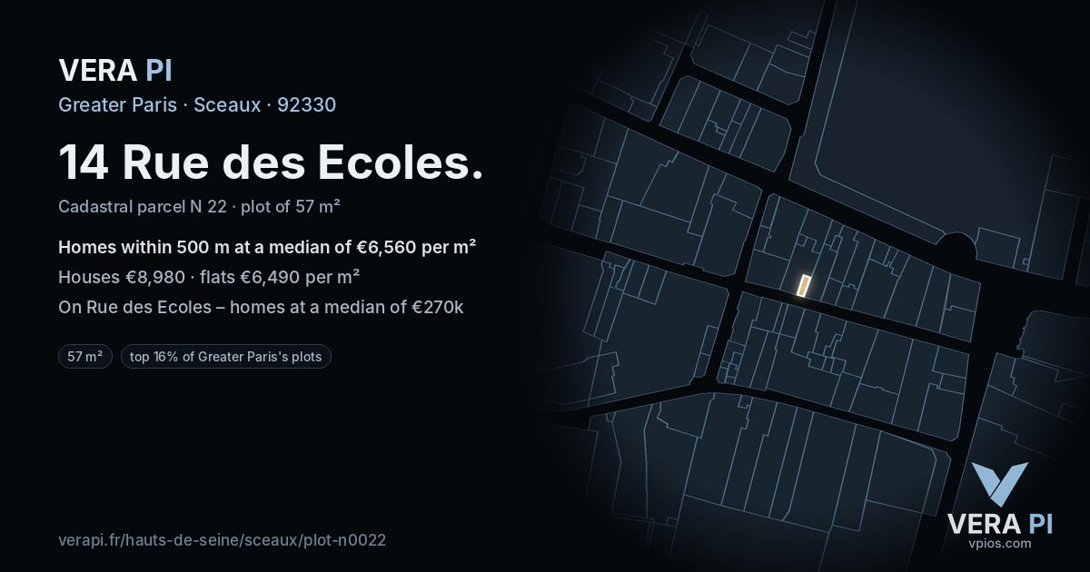 14 Rue des Ecoles, Sceaux at night – the plot lit, the parcels around coloured by the prices near them