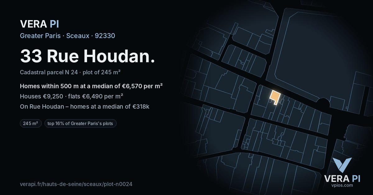33 Rue Houdan, Sceaux at night – the plot lit, the parcels around coloured by the prices near them