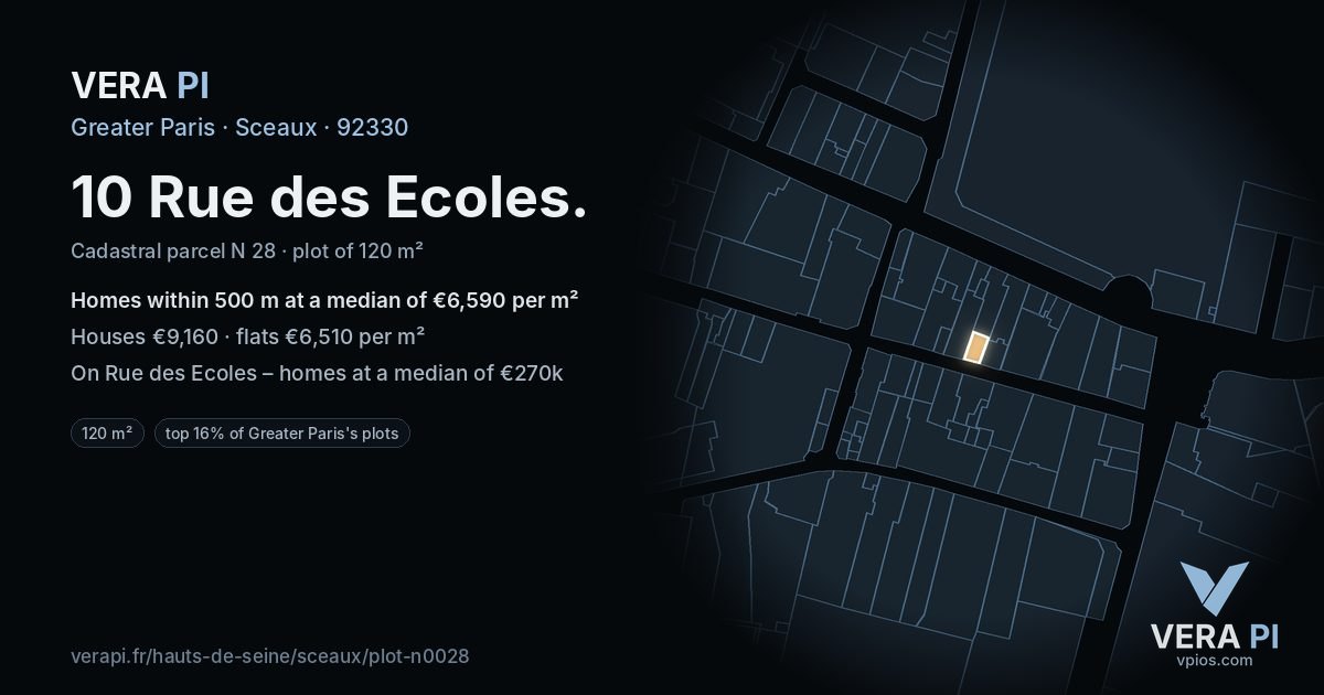 10 Rue des Ecoles, Sceaux at night – the plot lit, the parcels around coloured by the prices near them