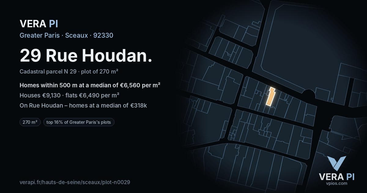 29 Rue Houdan, Sceaux at night – the plot lit, the parcels around coloured by the prices near them