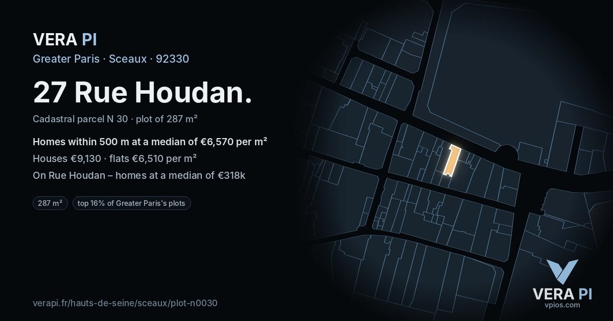 27 Rue Houdan, Sceaux at night – the plot lit, the parcels around coloured by the prices near them