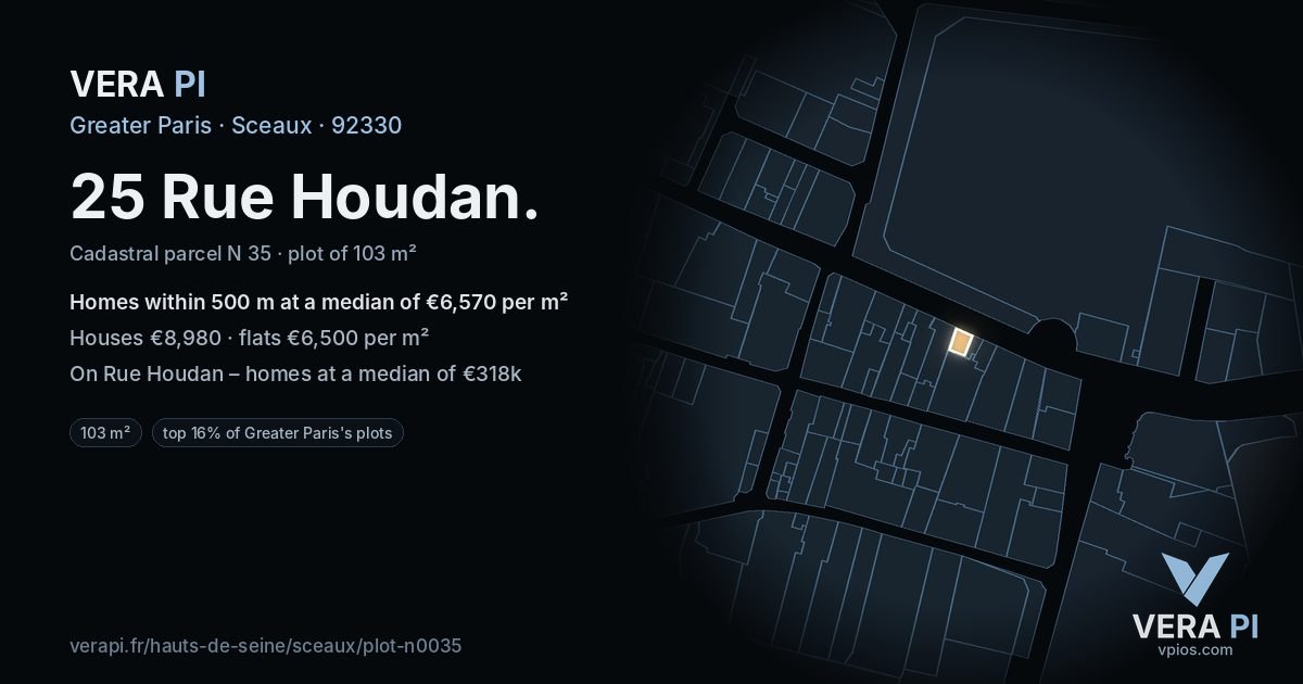 25 Rue Houdan, Sceaux at night – the plot lit, the parcels around coloured by the prices near them