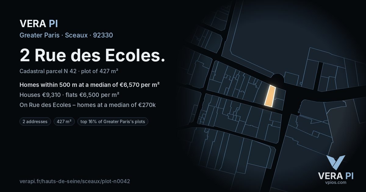 2 Rue des Ecoles, Sceaux at night – the plot lit, the parcels around coloured by the prices near them