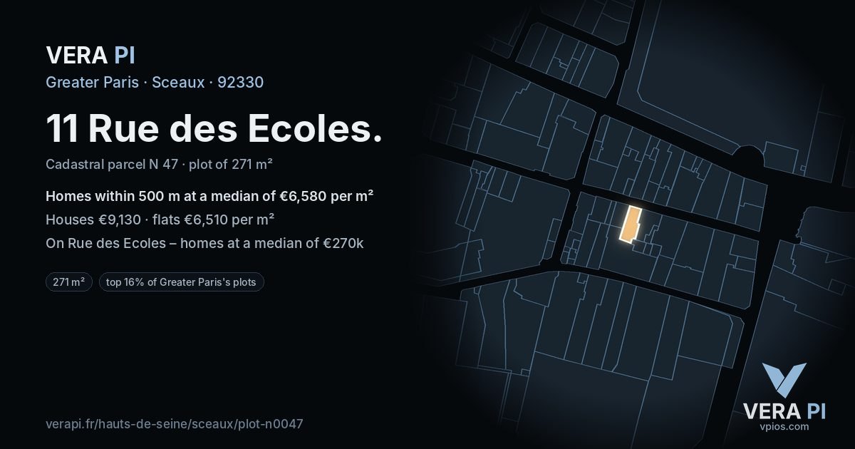 11 Rue des Ecoles, Sceaux at night – the plot lit, the parcels around coloured by the prices near them
