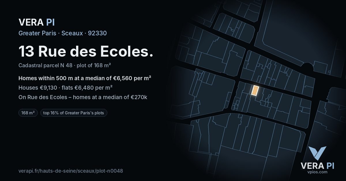 13 Rue des Ecoles, Sceaux at night – the plot lit, the parcels around coloured by the prices near them