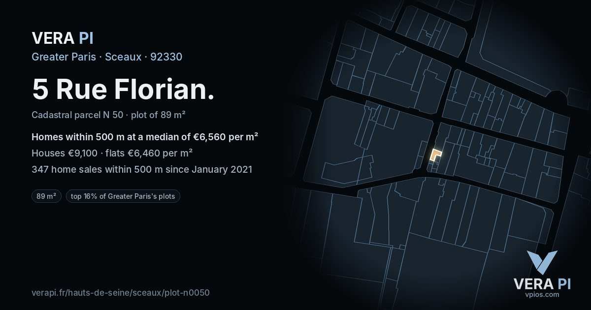 5 Rue Florian, Sceaux at night – the plot lit, the parcels around coloured by the prices near them