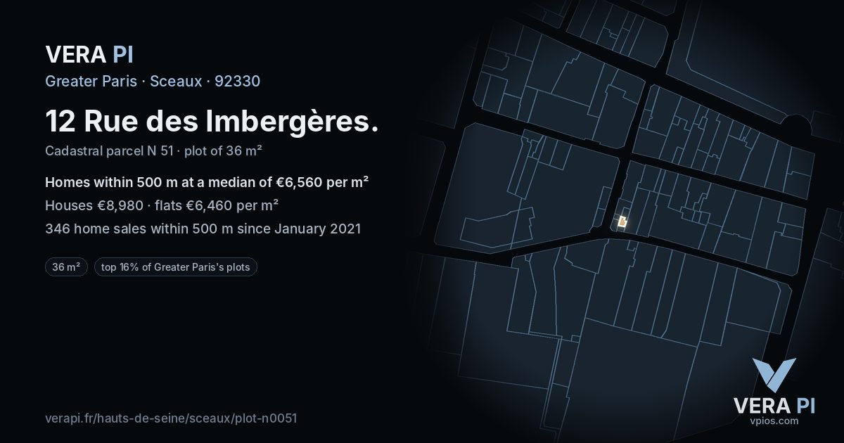 12 Rue des Imbergères, Sceaux at night – the plot lit, the parcels around coloured by the prices near them