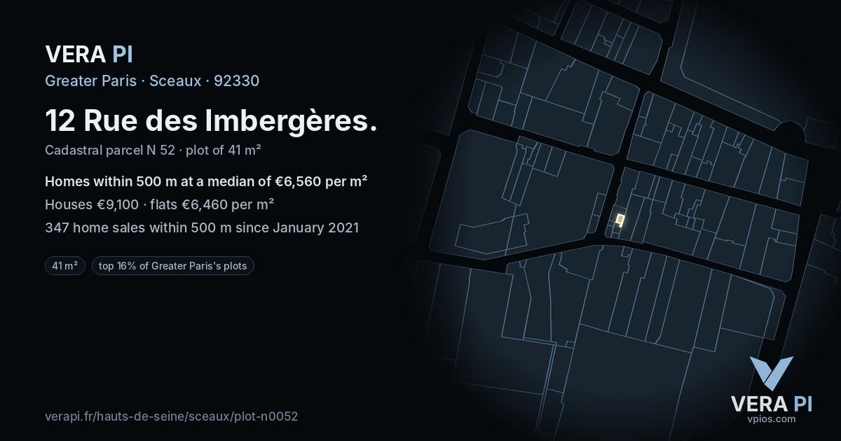12 Rue des Imbergères, Sceaux at night – the plot lit, the parcels around coloured by the prices near them