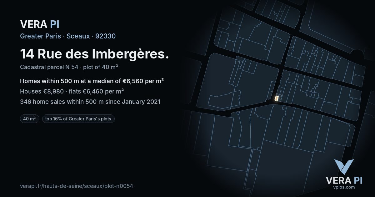 14 Rue des Imbergères, Sceaux at night – the plot lit, the parcels around coloured by the prices near them