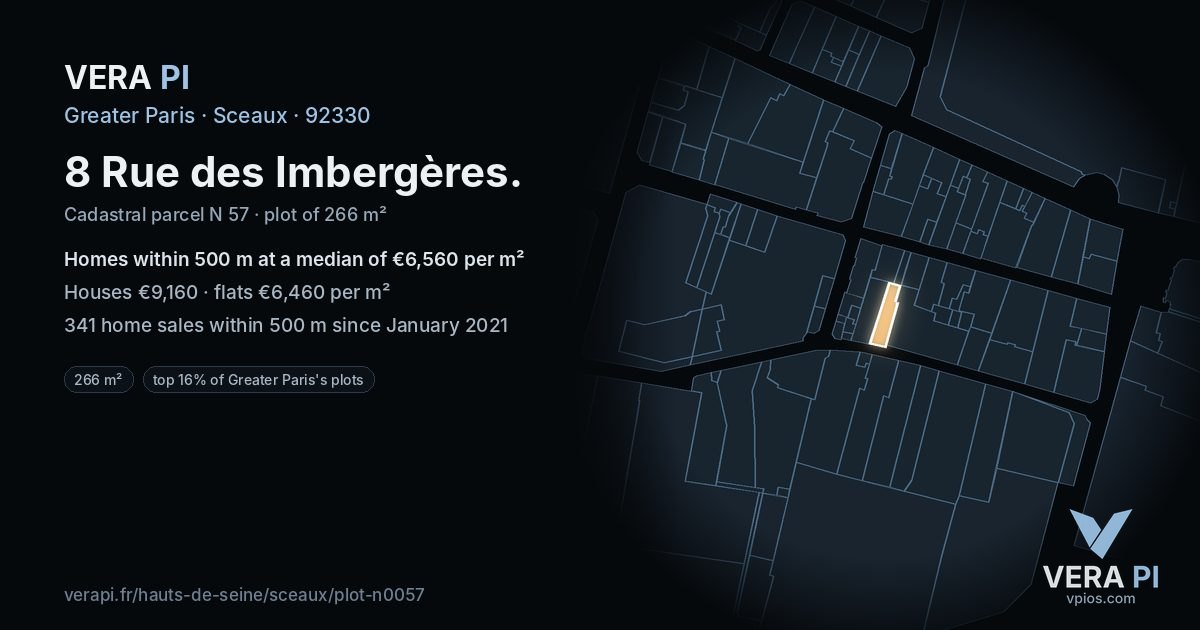 8 Rue des Imbergères, Sceaux at night – the plot lit, the parcels around coloured by the prices near them