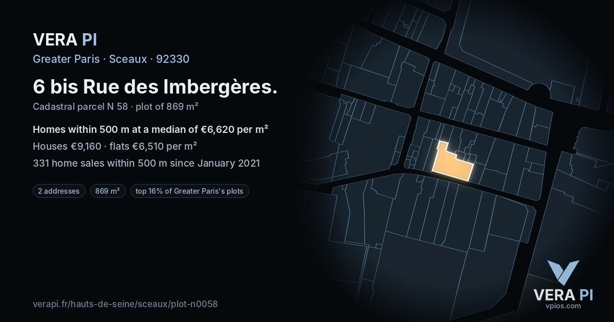 6 bis Rue des Imbergères, Sceaux at night – the plot lit, the parcels around coloured by the prices near them