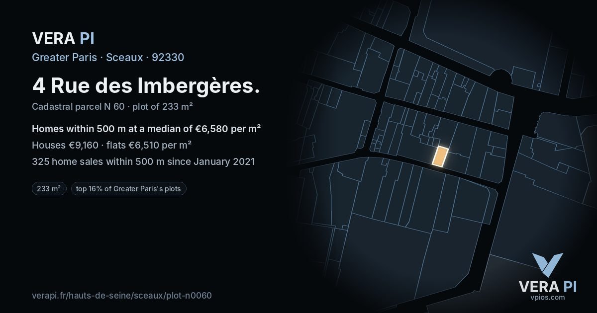 4 Rue des Imbergères, Sceaux at night – the plot lit, the parcels around coloured by the prices near them