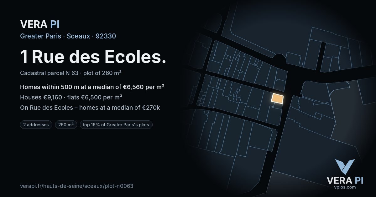 1 Rue des Ecoles, Sceaux at night – the plot lit, the parcels around coloured by the prices near them