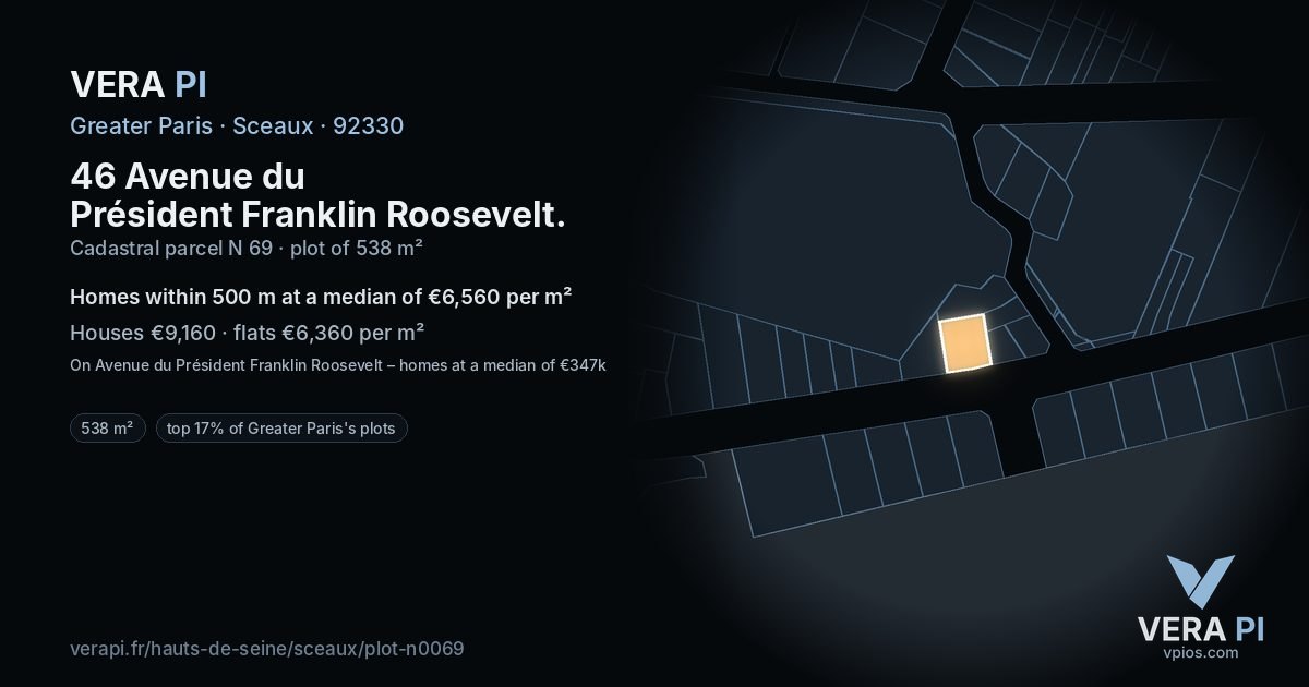 46 Avenue du Président Franklin Roosevelt, Sceaux at night – the plot lit, the parcels around coloured by the prices near them