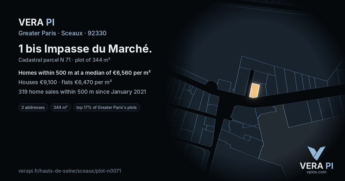 1 bis Impasse du Marché, Sceaux at night – the plot lit, the parcels around coloured by the prices near them
