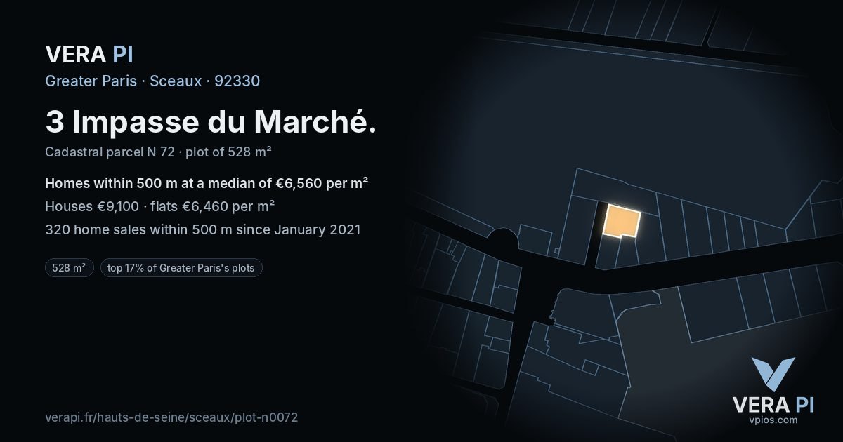 3 Impasse du Marché, Sceaux at night – the plot lit, the parcels around coloured by the prices near them