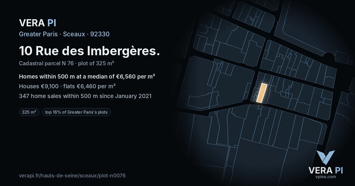 10 Rue des Imbergères, Sceaux at night – the plot lit, the parcels around coloured by the prices near them