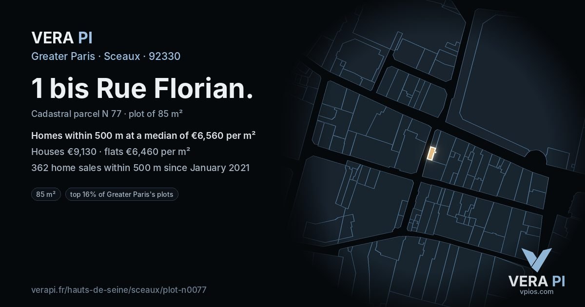 1 bis Rue Florian, Sceaux at night – the plot lit, the parcels around coloured by the prices near them