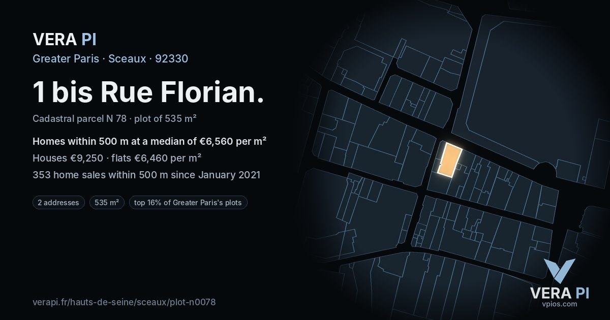 1 bis Rue Florian, Sceaux at night – the plot lit, the parcels around coloured by the prices near them