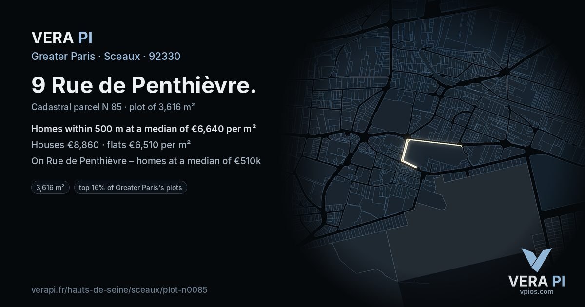9 Rue de Penthièvre, Sceaux at night – the plot lit, the parcels around coloured by the prices near them