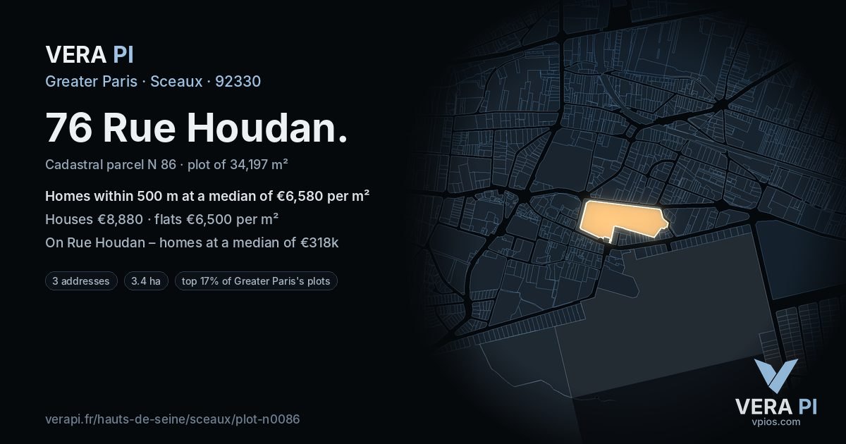 76 Rue Houdan, Sceaux at night – the plot lit, the parcels around coloured by the prices near them
