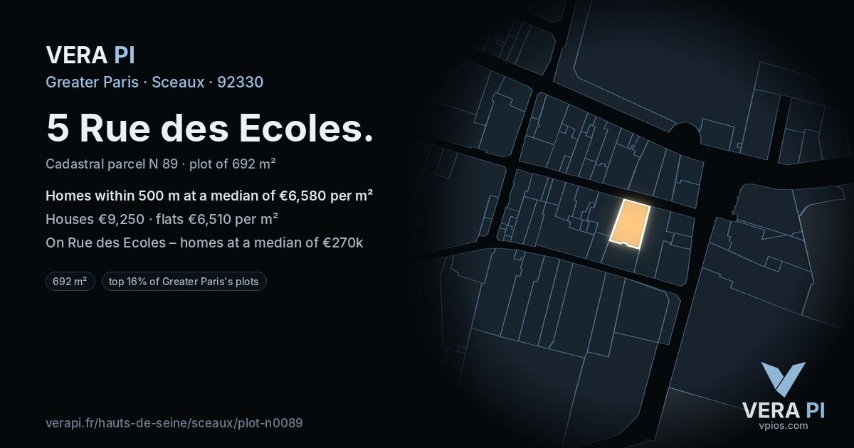 5 Rue des Ecoles, Sceaux at night – the plot lit, the parcels around coloured by the prices near them