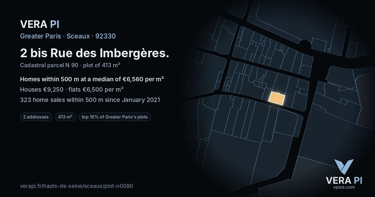 2 bis Rue des Imbergères, Sceaux at night – the plot lit, the parcels around coloured by the prices near them