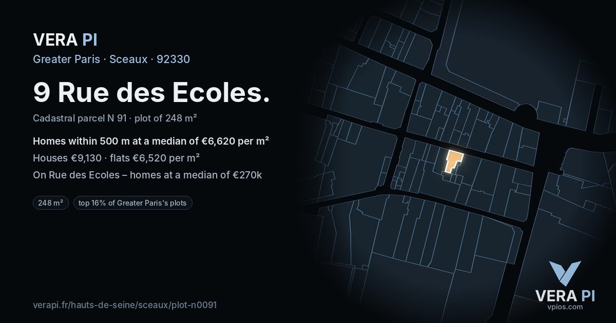 9 Rue des Ecoles, Sceaux at night – the plot lit, the parcels around coloured by the prices near them