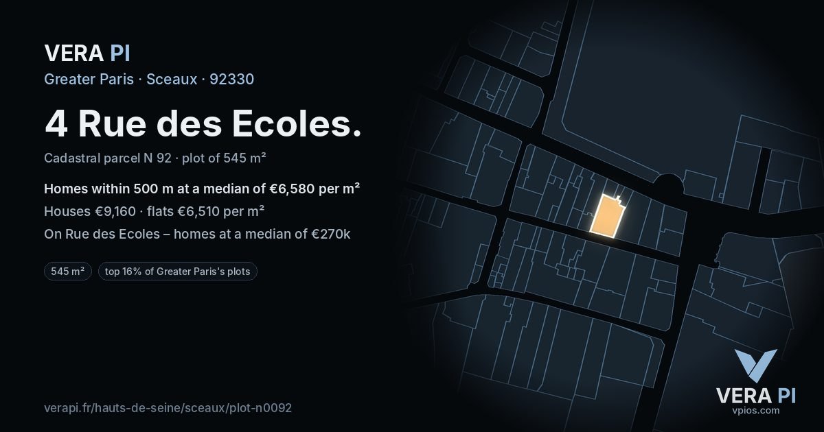 4 Rue des Ecoles, Sceaux at night – the plot lit, the parcels around coloured by the prices near them