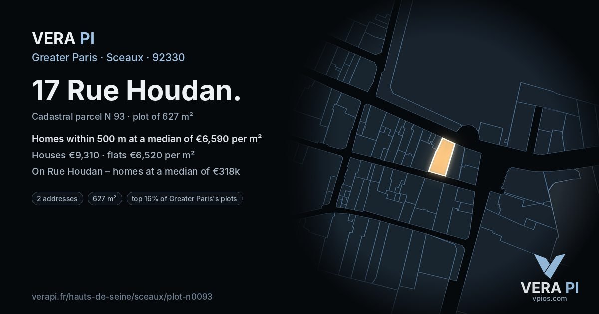 17 Rue Houdan, Sceaux at night – the plot lit, the parcels around coloured by the prices near them