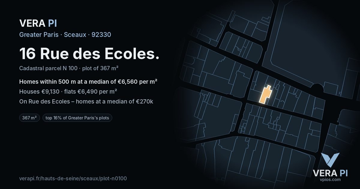 16 Rue des Ecoles, Sceaux at night – the plot lit, the parcels around coloured by the prices near them
