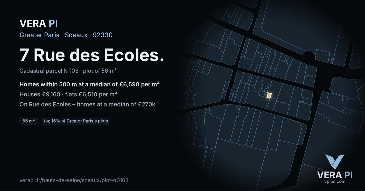 7 Rue des Ecoles, Sceaux at night – the plot lit, the parcels around coloured by the prices near them